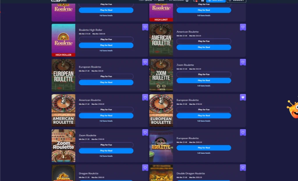 BetUS software roulette list showing Roulette High Roller, European, American, Zoom, Dragon and Double Dragon Roulette with minimum and maximum bets