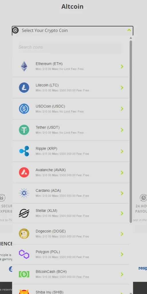 BetOnline altcoin deposit options: Ethereum, Litecoin, USDC, Tether, Ripple, Avalanche, Cardano, Stellar, Dogecoin, Polygon and Bitcoin Cash, each with a $10 minimum and no fee