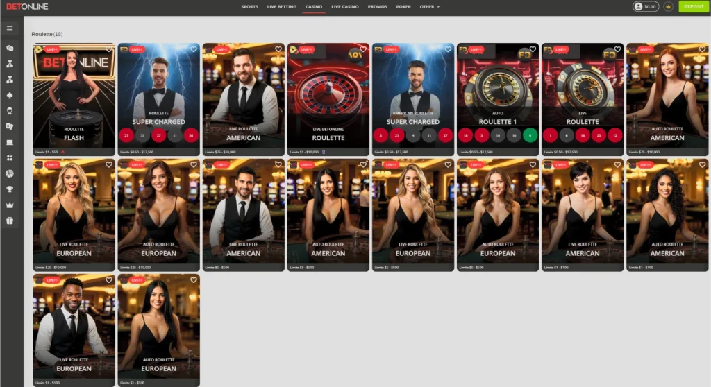 BetOnline live roulette lobby showing Super Charged, Live BetOnline Roulette, Auto, European and American tables with their limits