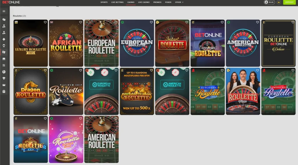 BetOnline software roulette games including BetOnline European Roulette, European Roulette Deluxe, Luxury Roulette 500X and Double Dragon Roulette