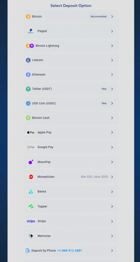 BetUS deposit options: Bitcoin, PayPal, Bitcoin Lightning, Litecoin, Ethereum, Tether, USD Coin, Bitcoin Cash, Apple Pay, Google Pay, MoneyGram and more