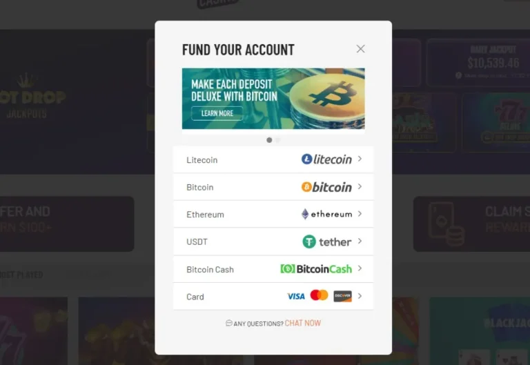 Cafe Casino Fund Your Account screen listing Litecoin, Bitcoin, Ethereum, USDT, Bitcoin Cash and card deposits with Visa, Mastercard and Discover