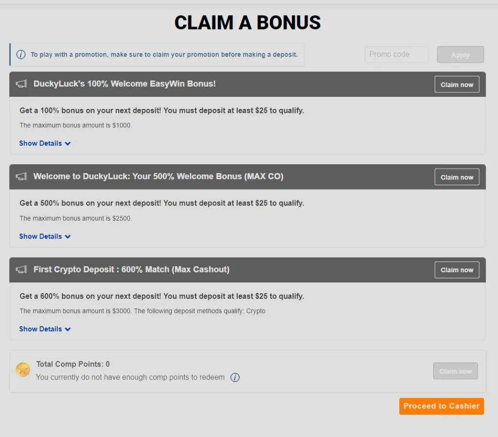 DuckyLuck Claim a Bonus page: 100% Welcome EasyWin bonus up to $1,000, 500% welcome bonus up to $2,500 with a max cashout, and 600% first crypto deposit match up to $3,000, each with a $25 minimum deposit