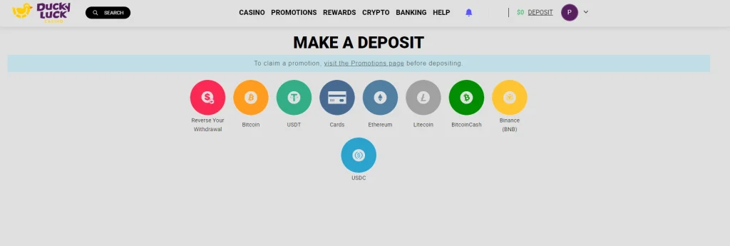 DuckyLuck Make a Deposit screen with Reverse Your Withdrawal, Bitcoin, USDT, Cards, Ethereum, Litecoin, Bitcoin Cash, Binance (BNB) and USDC
