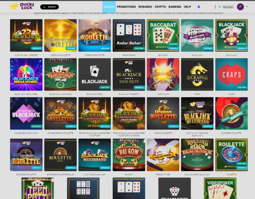 DuckyLuck Table Games section with American Roulette, Double Dragon Roulette, Dragon Roulette, European Roulette, European Roulette Deluxe and Roulette among blackjack and poker games