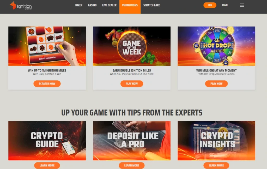 Ignition promotions page with Daily Scratch and Win for up to 1 million Ignition Miles, Game of the Week double Miles and Hot Drop Jackpots