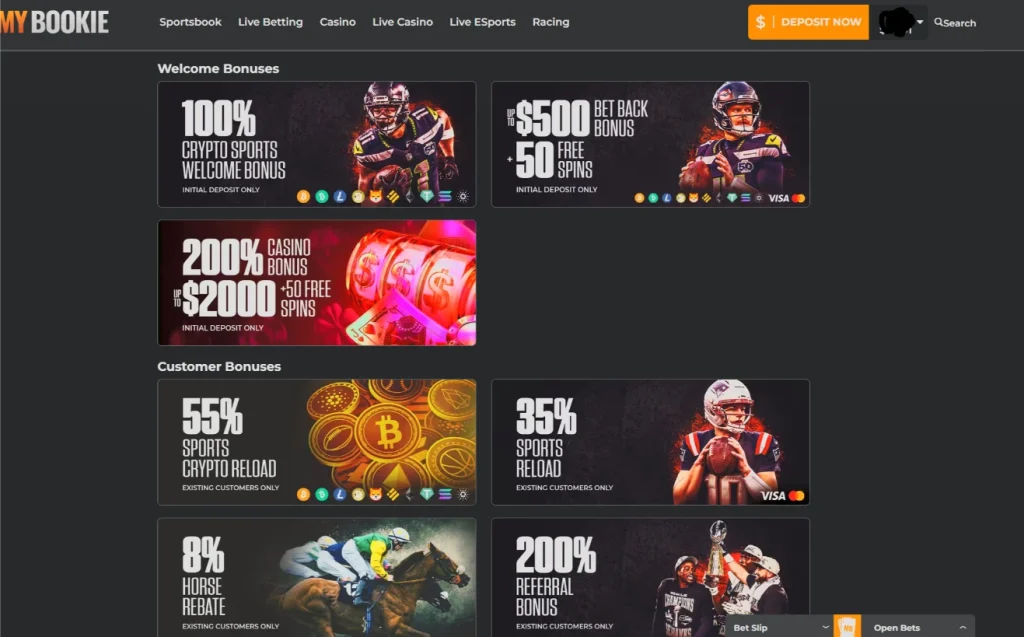 MyBookie bonus page showing the 200% casino bonus up to $2,000 plus 50 free spins next to the sports welcome offers