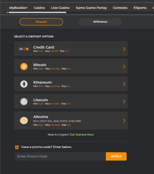 MyBookie cashier deposit options: credit card from $45, Bitcoin, Ethereum, Litecoin and altcoins from $20, all with 0% fees