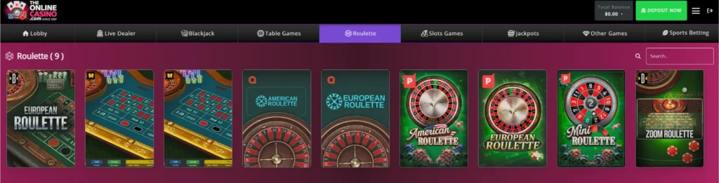 The Online Casino software roulette tab with 9 games including European Roulette, American Roulette, Mini Roulette and Zoom Roulette