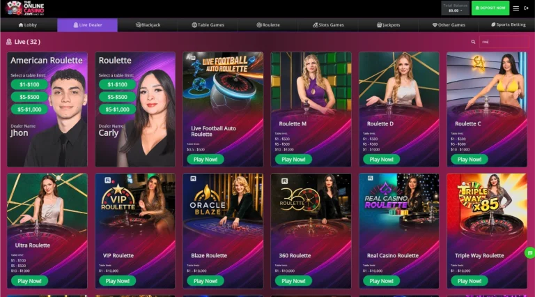 The Online Casino live roulette lobby