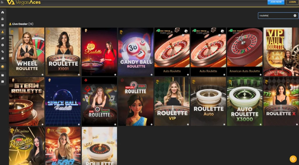 Vegas Aces live dealer roulette lobby with 19 tables, including Wheel Roulette, Roulette X1001, Candy Ball Roulette, Fresh Deck Studios Auto Roulette, VIP Vault Roulette, Steam Roulette, Space Ball Roulette and Roulette X