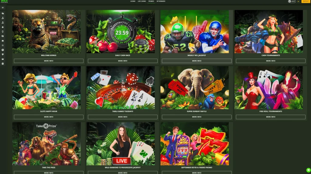Wild Casino promotions page with Welcome Bonus, Daily Cash Race, Table Games Tuesdays, Super Sunday Raffle and tournaments