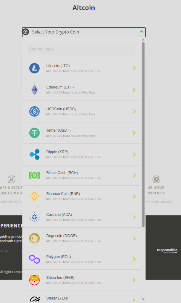 Wild Casino altcoin deposit options: Litecoin, Ethereum, USDC, Tether, Ripple and more, each with a $10 minimum and no fee