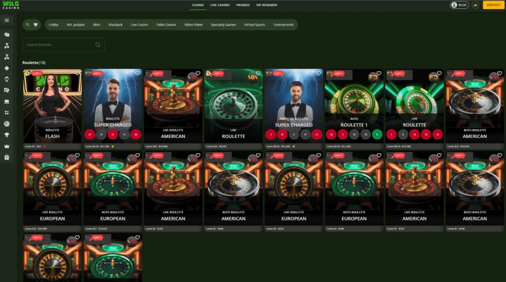 Wild Casino live roulette lobby showing Super Charged, Auto, European and American tables with their limits