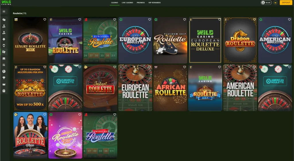 Wild Casino software roulette games including Luxury Roulette 500X, Wild Casino European Roulette, Double Dragon and American Roulette Double Ball