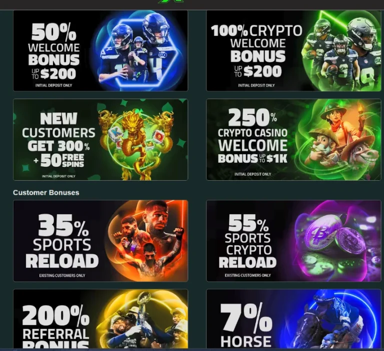 Xbet bonuses page with the 300% casino offer plus 50 free spins, the 250% crypto casino welcome bonus up to $1,000, sports welcome offers, sports reloads, a 200% referral bonus and a 7% horse racing rebate